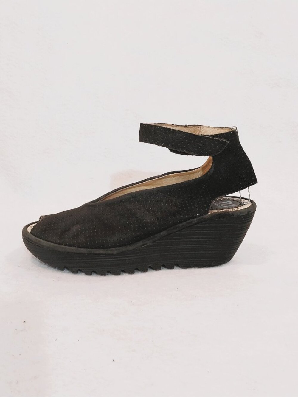 Fly London Yala Sandals Women US 8.5 EU 39 Black Suede Wedge Peep Toe Perforated